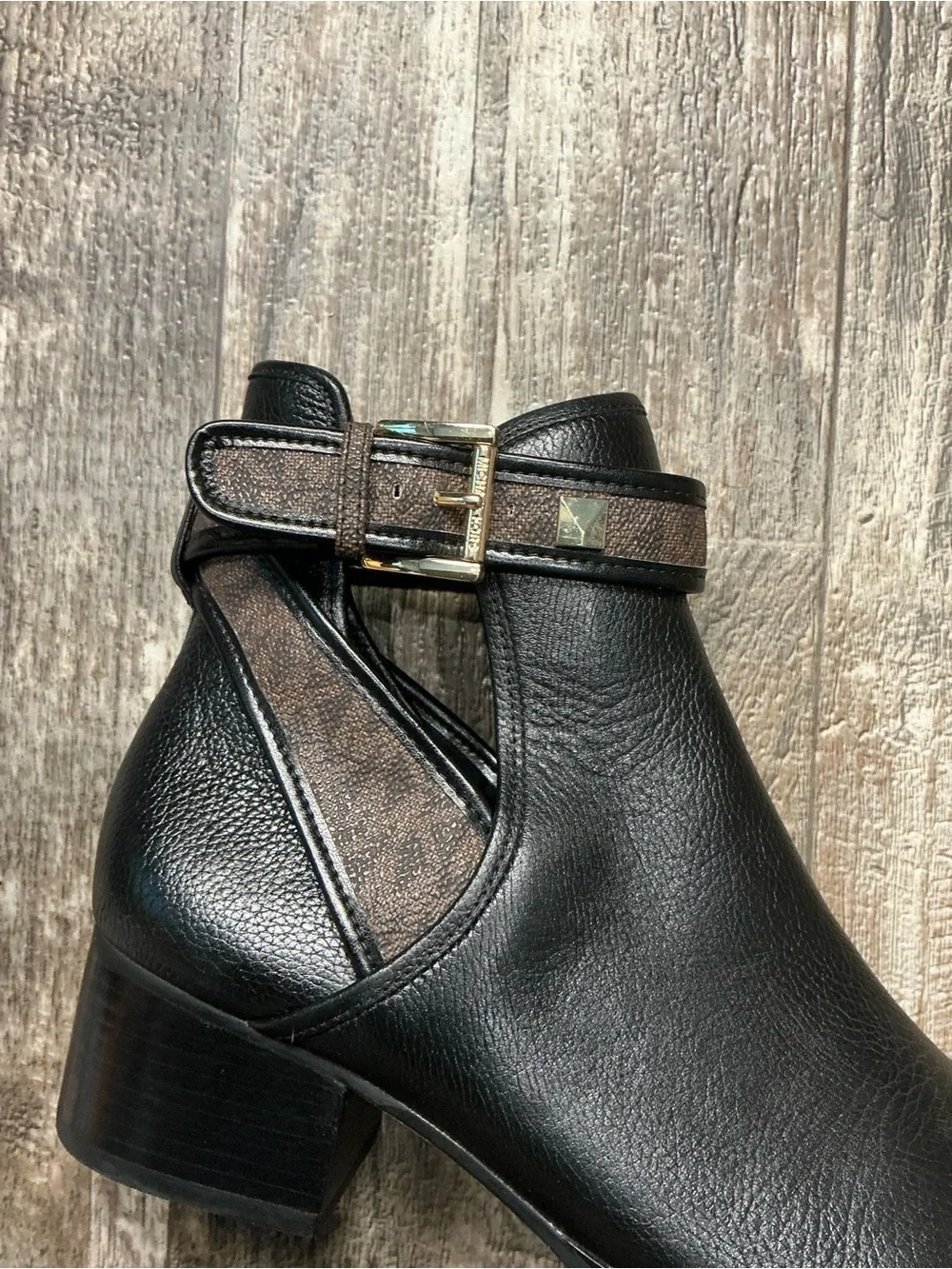 Michael Kors Black Leather Ankle Booties with Logo Strap and Gold Buckle Size 6